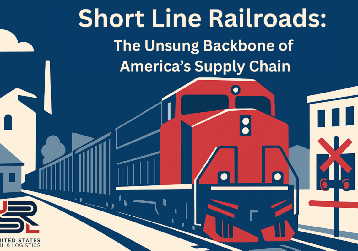 Stylized digital illustration of a red and navy freight train moving along tracks past industrial and town buildings, with the headline 'Short line railroads: the unsung backbone of America’s supply chain' displayed above in bold white text.